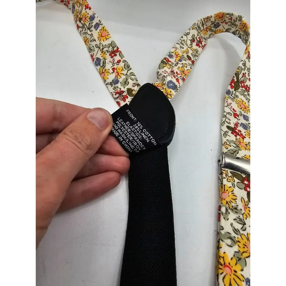 Belluno Kids Sz M Suspenders Cotton Linen Blend Floral Yellow Green